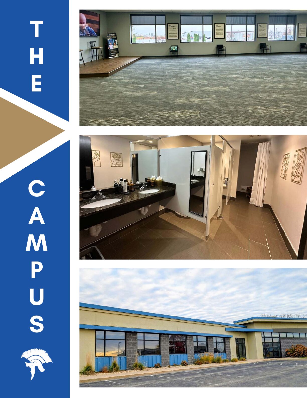 The Campus: vertical lettering beside photos of the training room set for an event and the building exterior