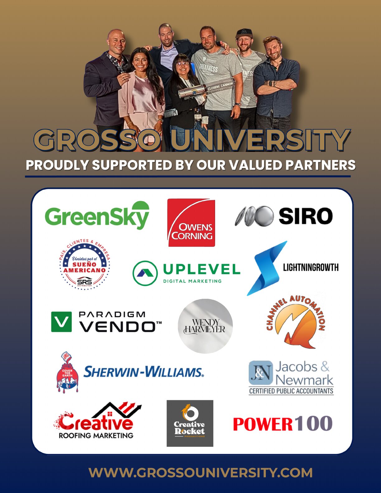 Page 19 of the Grosso University brochure: PROUDLY SUPPORTED BY OUR VALUED PARTNERS.