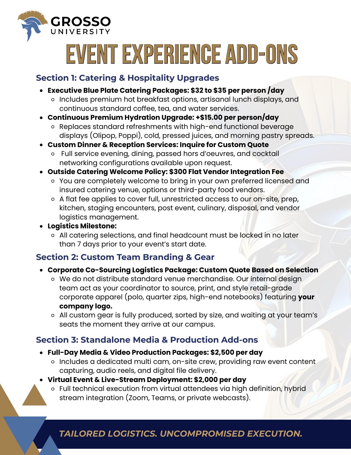 Event experience add-ons price list: catering, custom team branding and media production