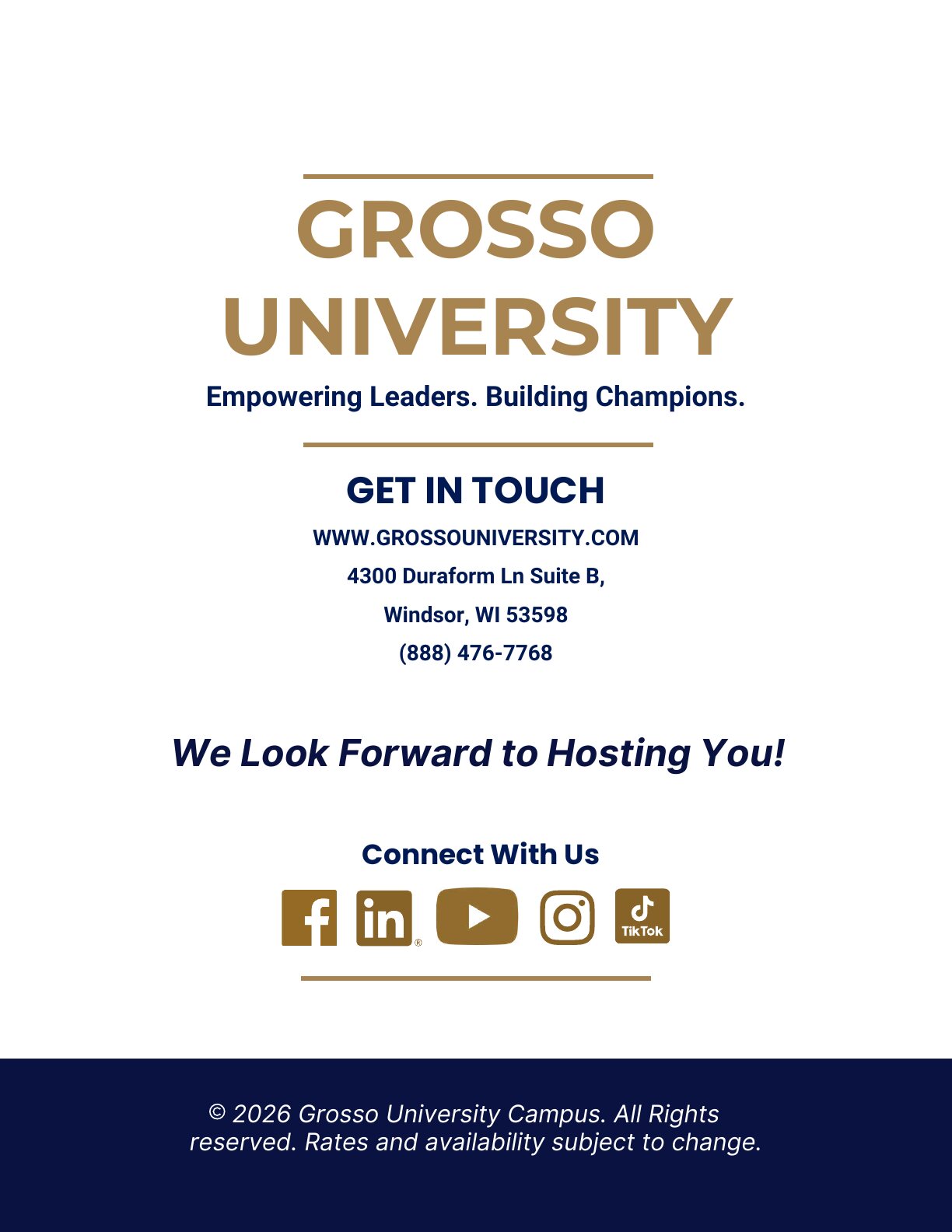 Back cover: Grosso University contact details, address and social links