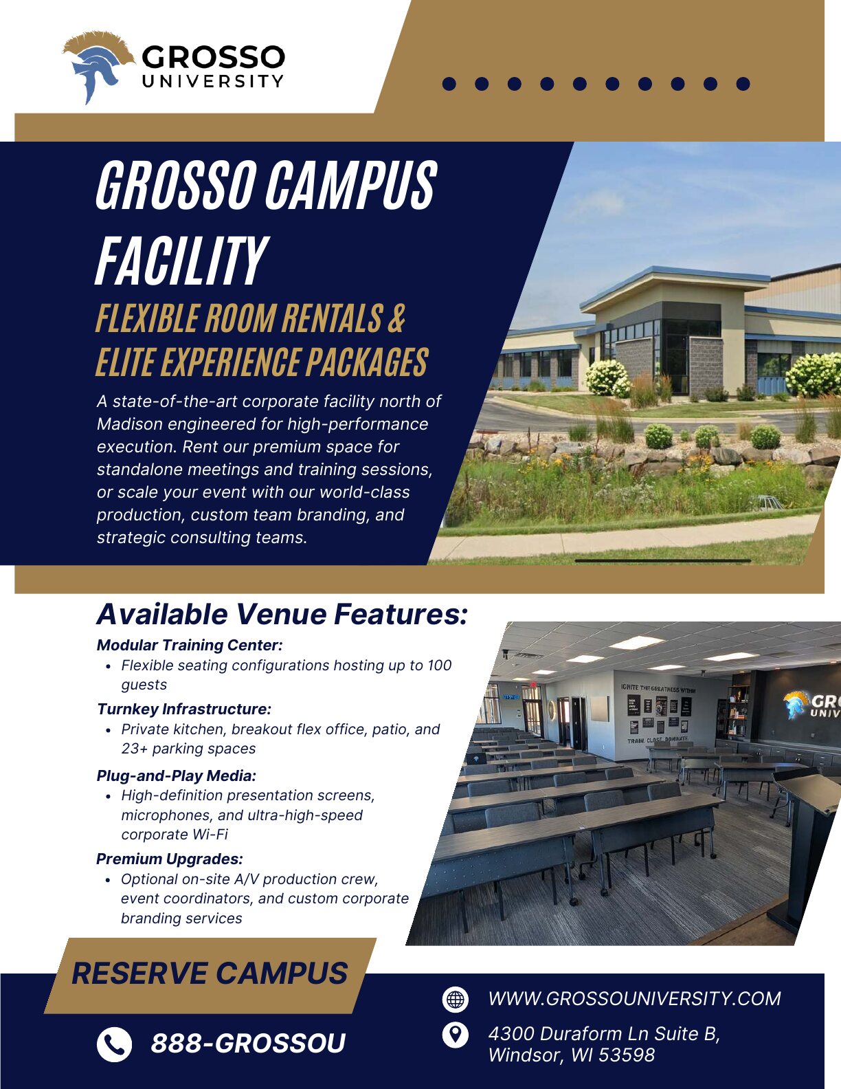 Cover: Grosso Campus Facility — flexible room rentals and elite experience packages, with photos of the campus exterior and the training room