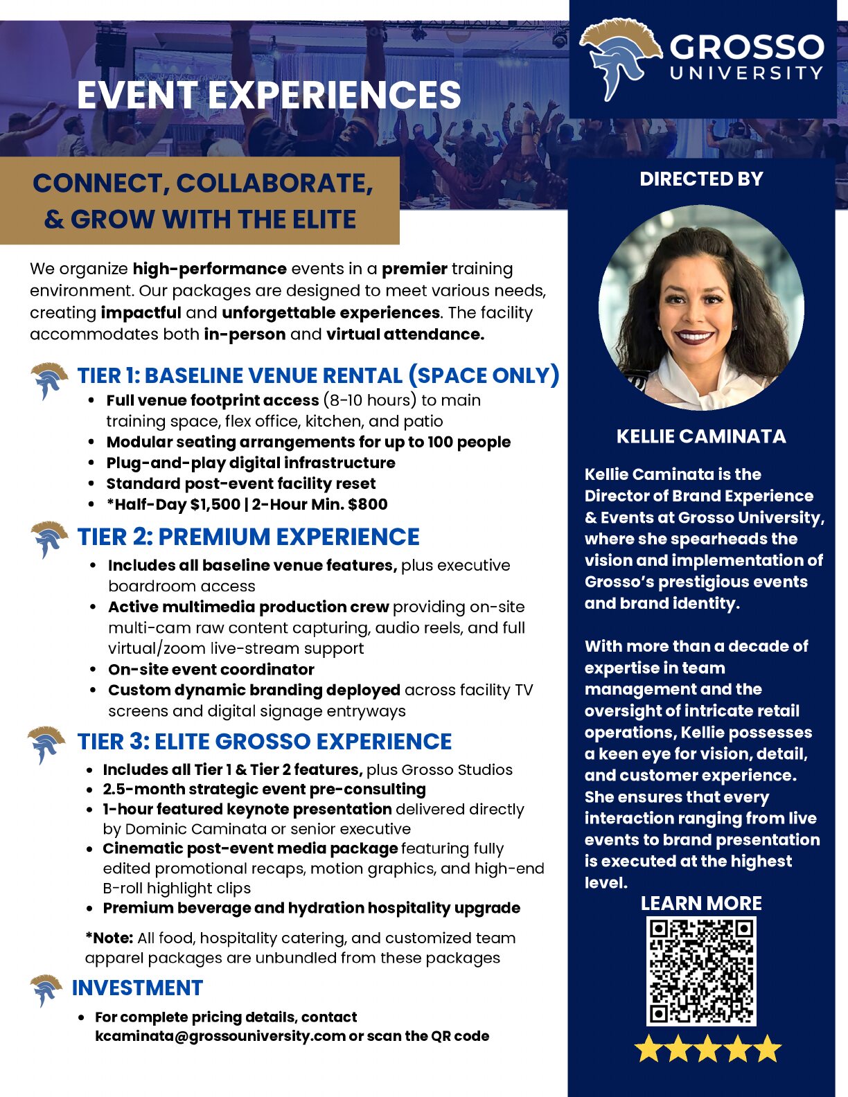 Page 13 of the Grosso University brochure: EVENT EXPERIENCES.