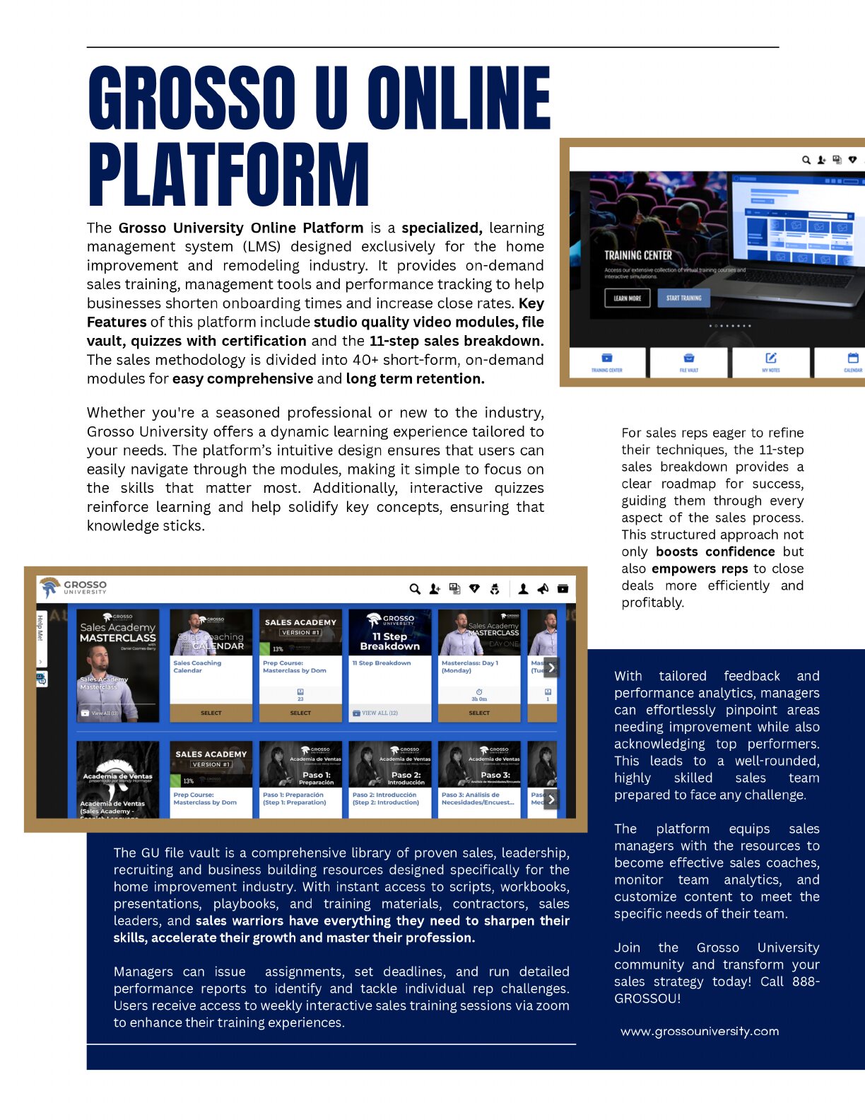 Page 10 of the Grosso University brochure: GROSSO U ONLINE PLATFORM.