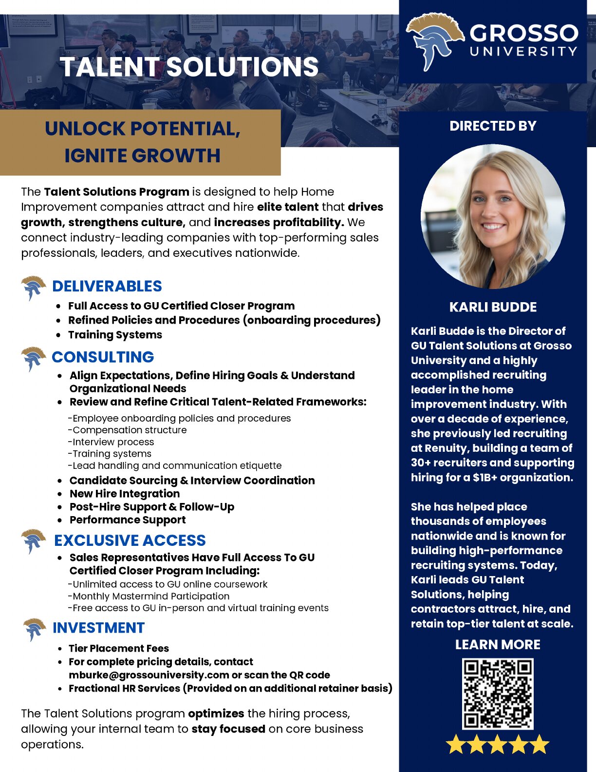 Page 11 of the Grosso University brochure: TALENT SOLUTIONS.