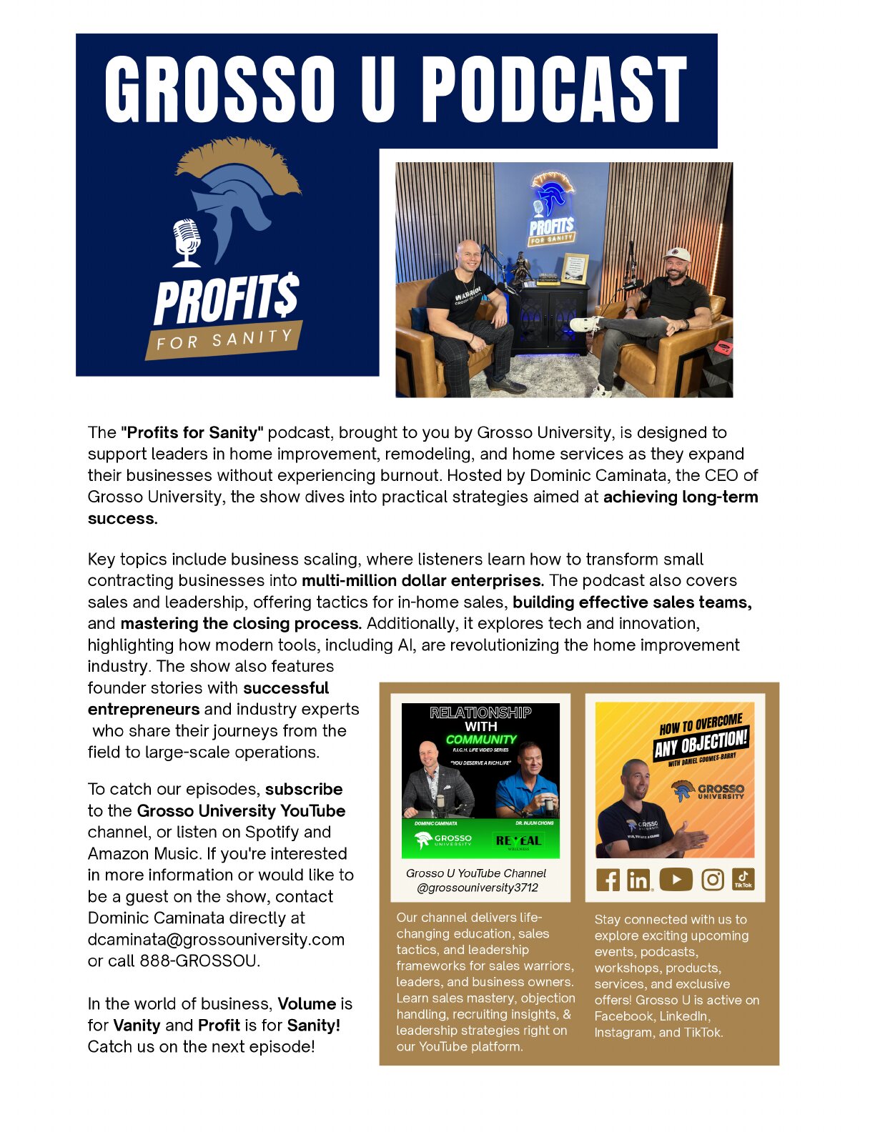 Page 6 of the Grosso University brochure: GROSSO U PODCAST.