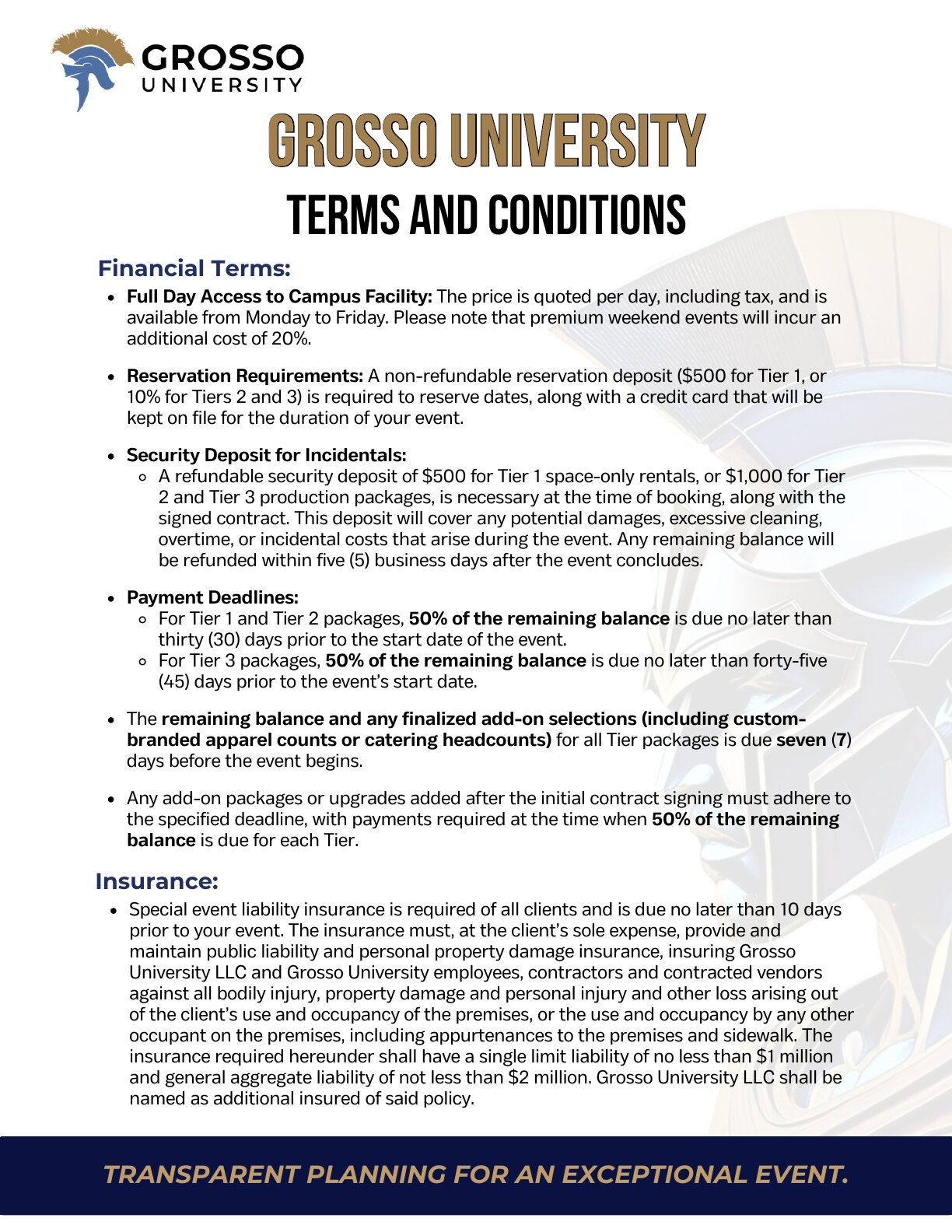 Terms and conditions: financial terms and insurance requirements
