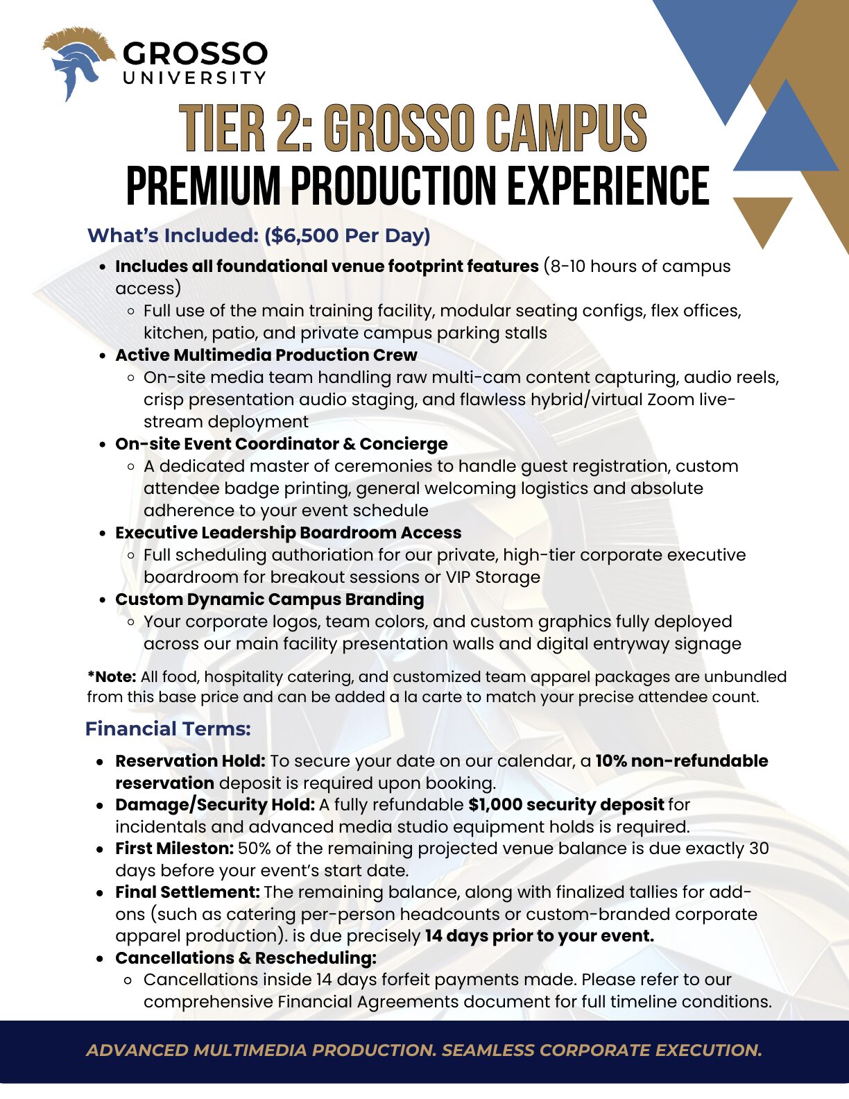Tier 2 premium production experience: included services and financial terms