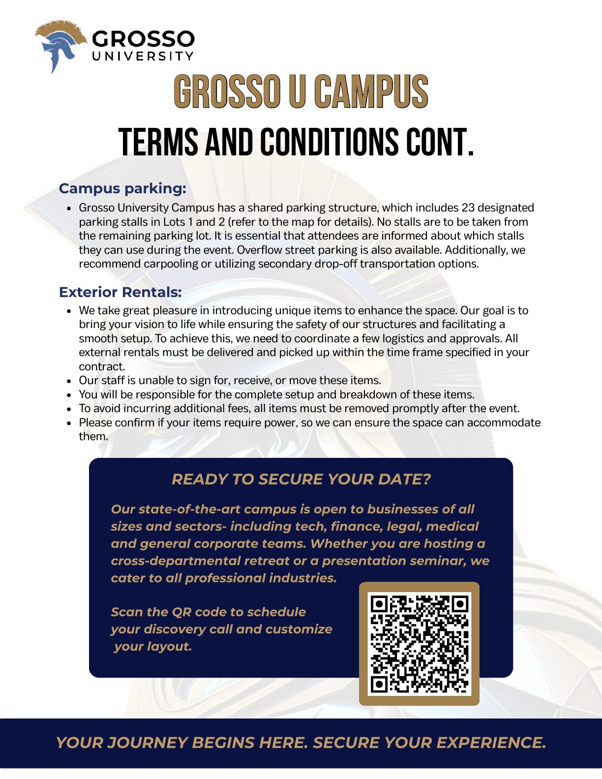 Terms and conditions continued: campus parking, exterior rentals, and a QR code to schedule a discovery call