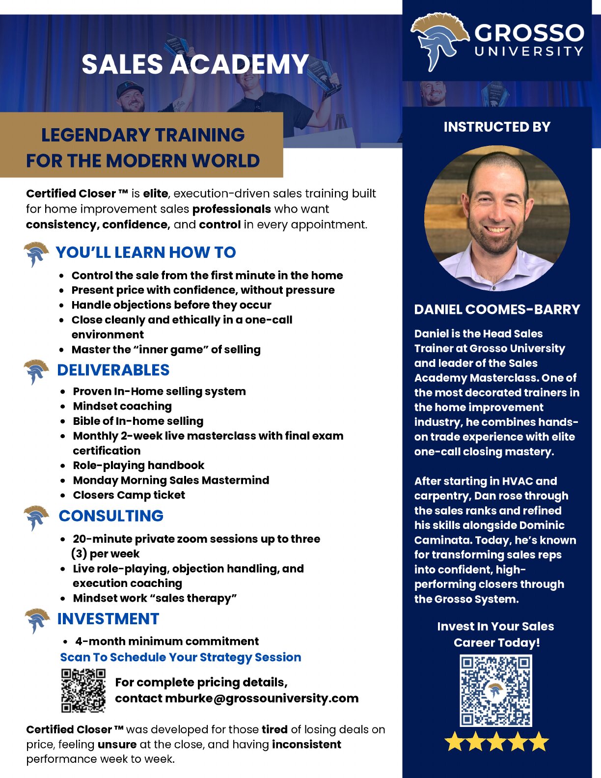 Page 3 of the Grosso University brochure: SALES ACADEMY.