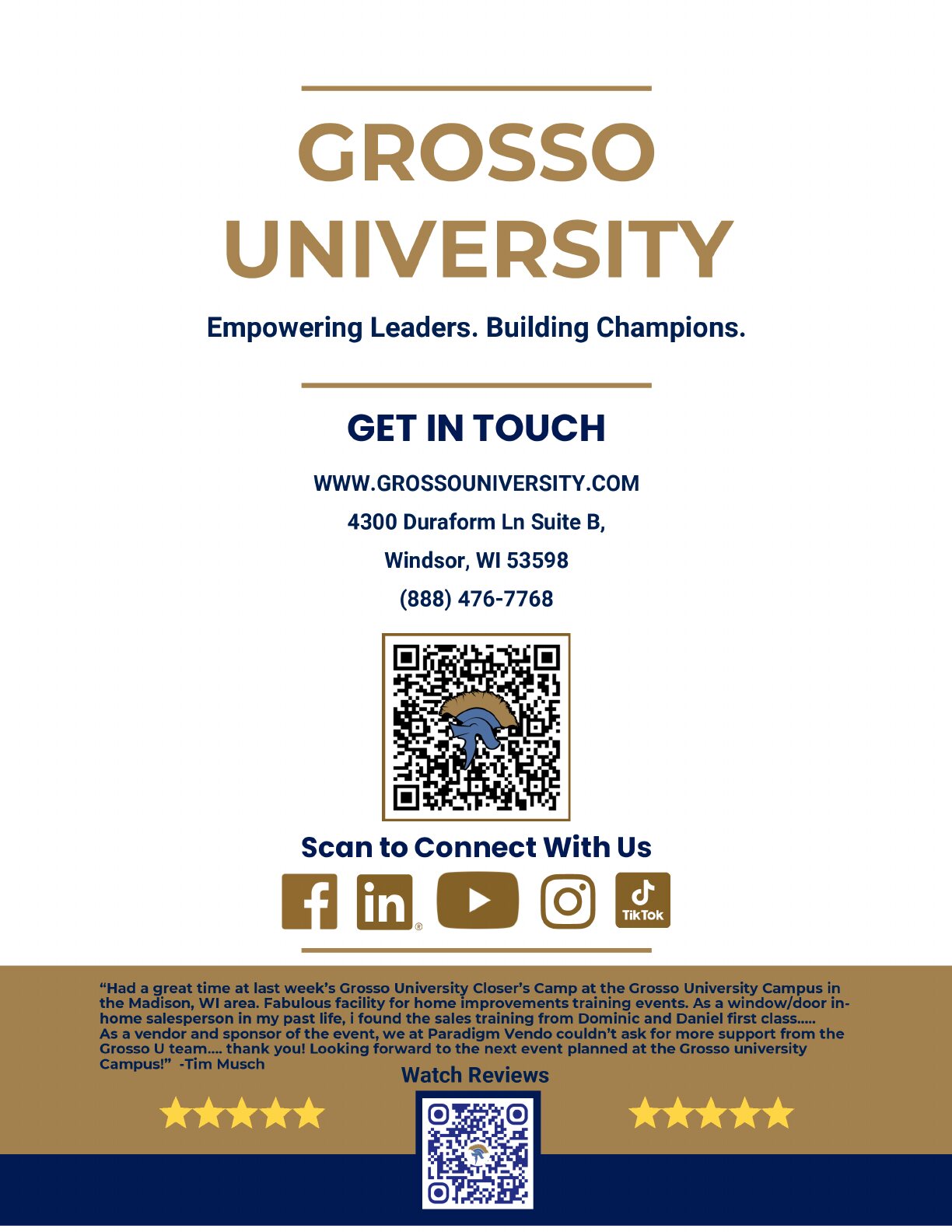 Page 20 of the Grosso University brochure: GET IN TOUCH.