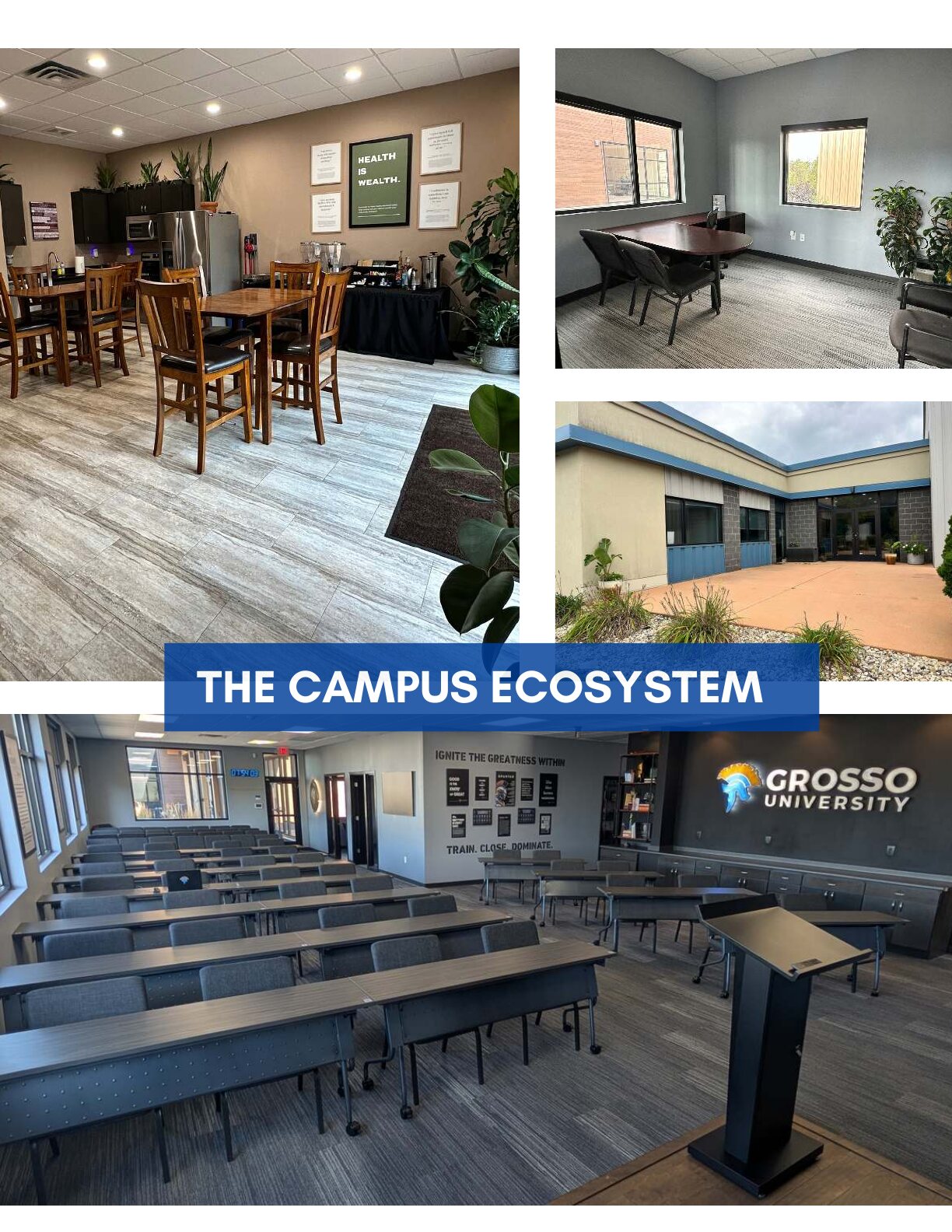 The Campus Ecosystem: photos of the campus kitchen and dining area, a private office, the patio and the main training room