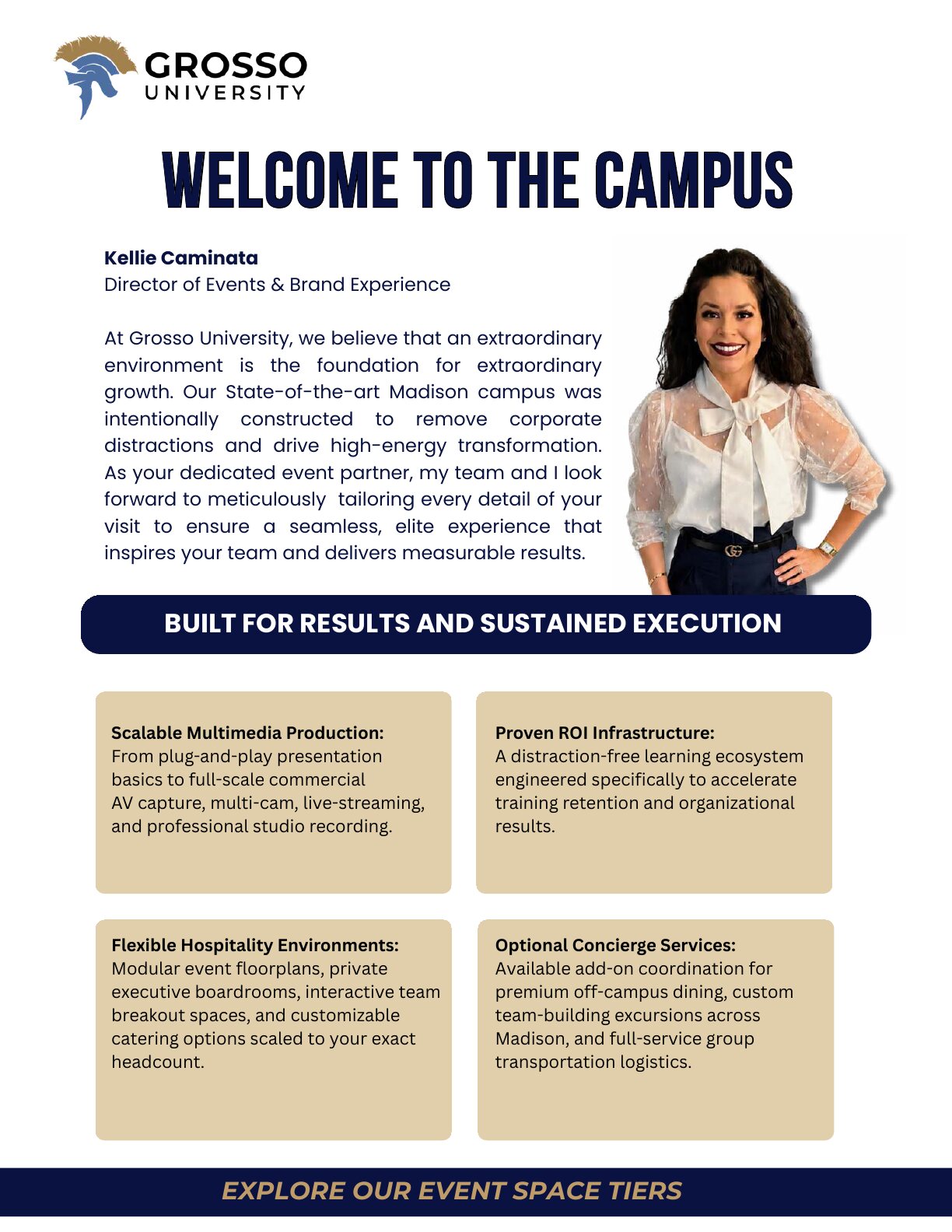 Welcome to the Campus: portrait of Kellie Caminata, Director of Events & Brand Experience, beside her welcome letter