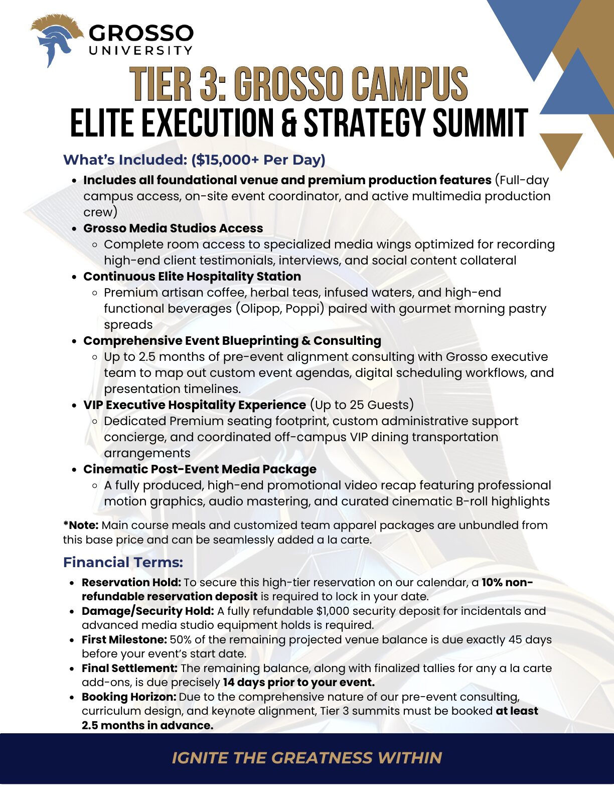 Tier 3 elite execution and strategy summit: included services and financial terms