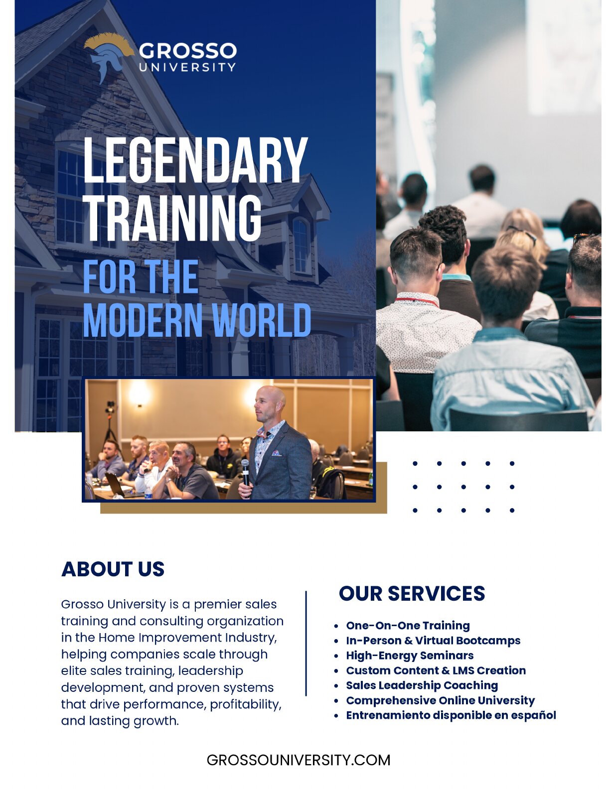 Page 1 of the Grosso University brochure: Legendary training.