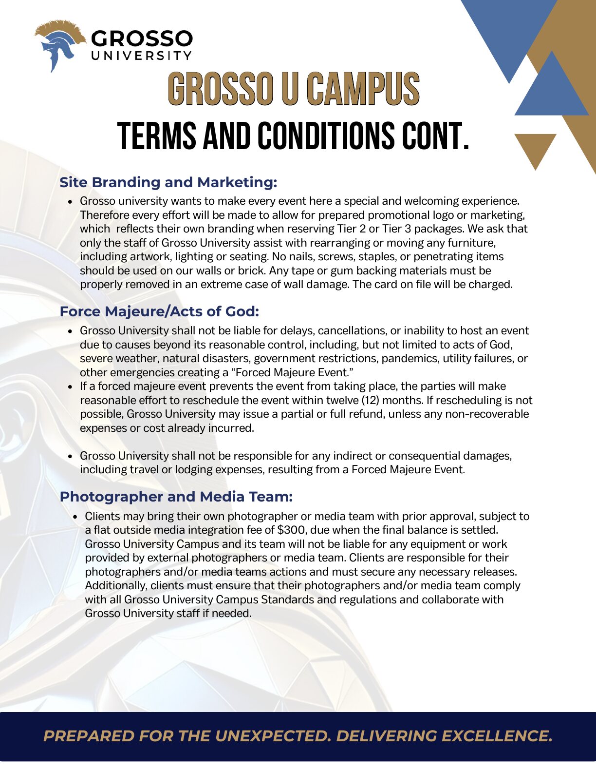 Terms and conditions continued: site branding, force majeure and outside media teams