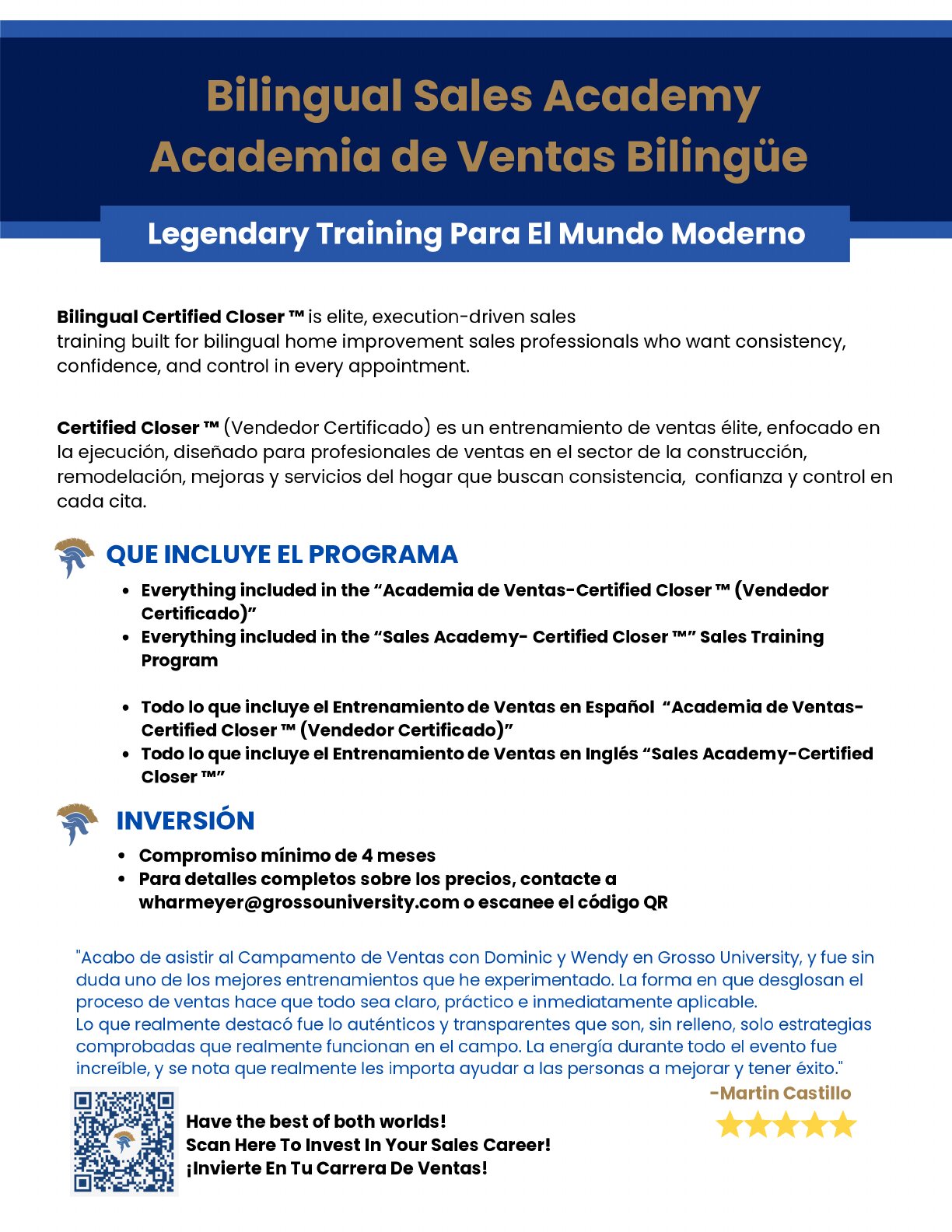 Page 16 of the Grosso University brochure: Bilingual Sales Academy Academia de Ventas Bilingüe.