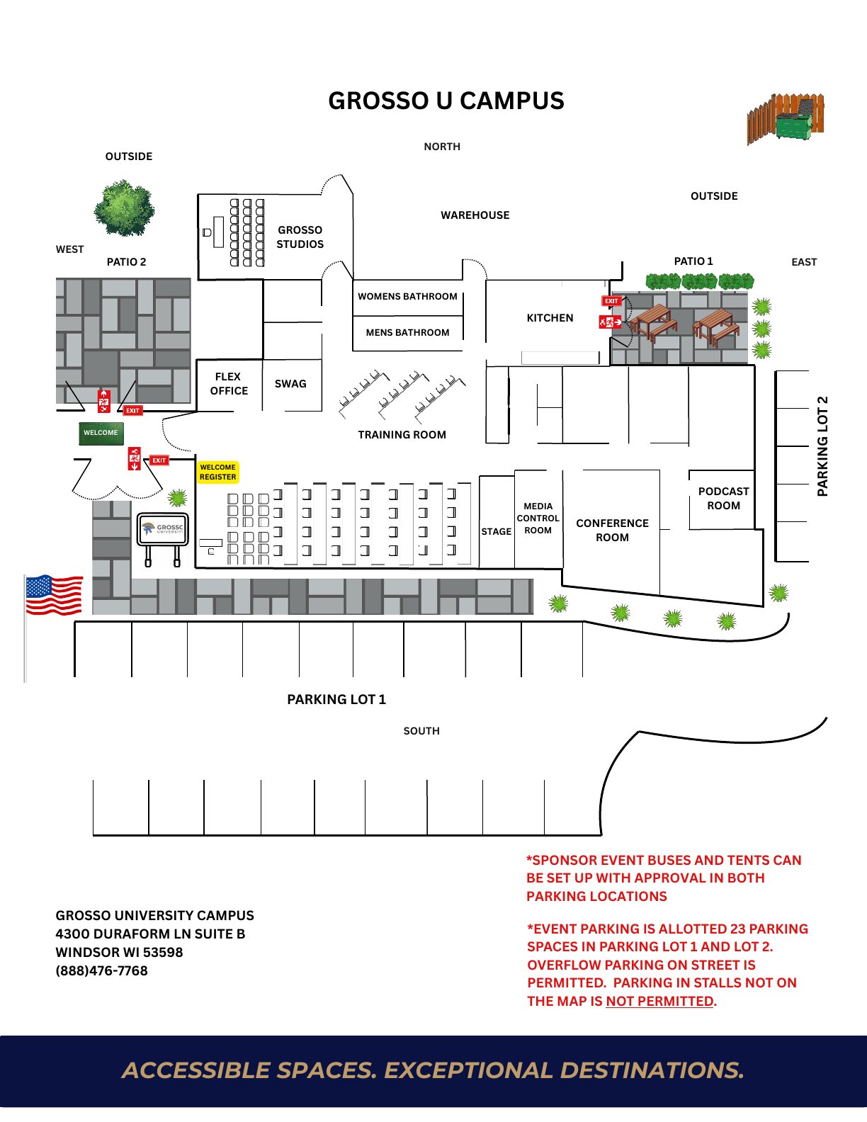 Campus map of Grosso U Campus showing the entry, training room, stage, studios, podcast room, conference room, kitchen, patios and parking lots 1 and 2